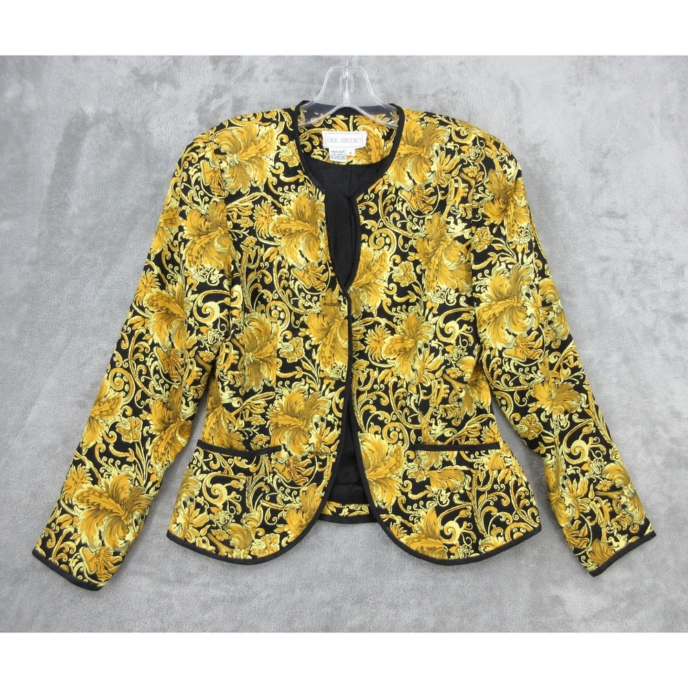 Vintage Silk Studio Jacket Womens Size XS Gold Black Baroque Floral Silk Blazer